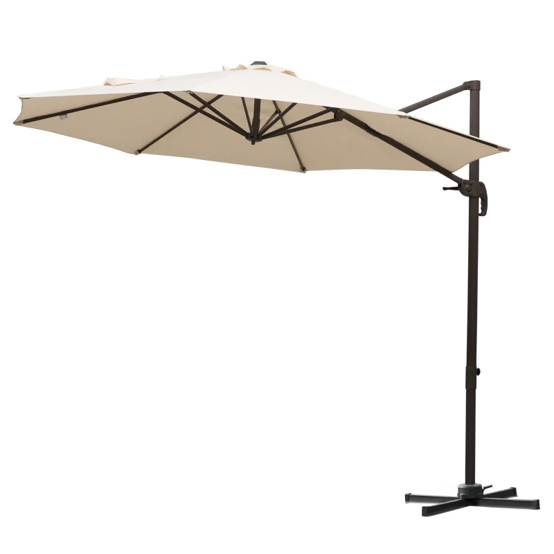 Outsunny 3M Roma Umbrella Sun Shade Cantilever Hanging Parasol w/ Cross Base Hand Crank Aluminium Frame 360° Rotation - Beige