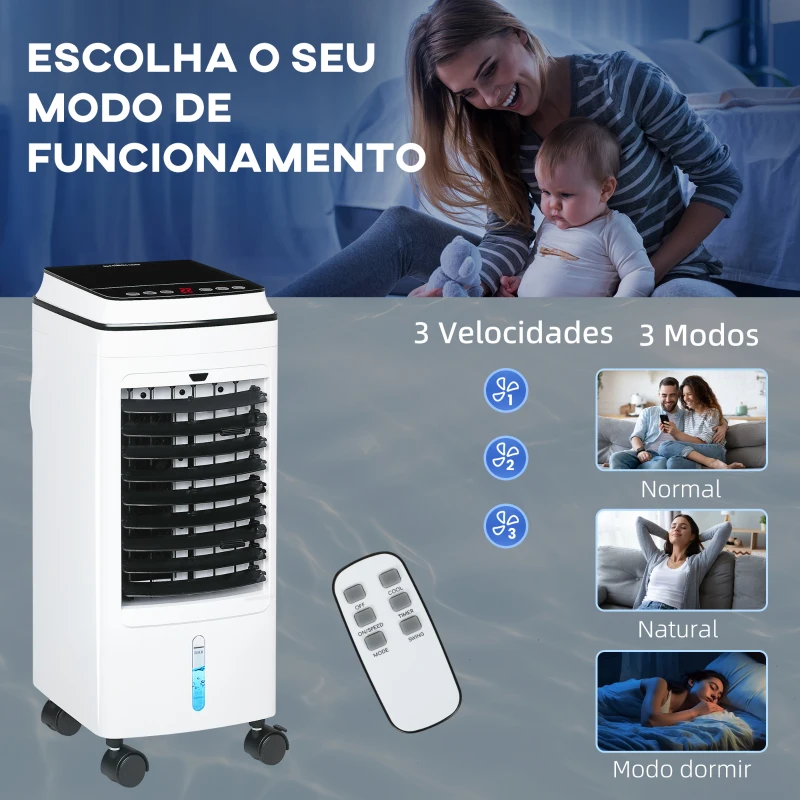 HOMCOM Climatizador 3 em 1 Portátil 75W com 3 Velocidades Temporizador até 8H Depósito de 4 L Oscilação de 60º 24x28,5x60,5 cm Branco