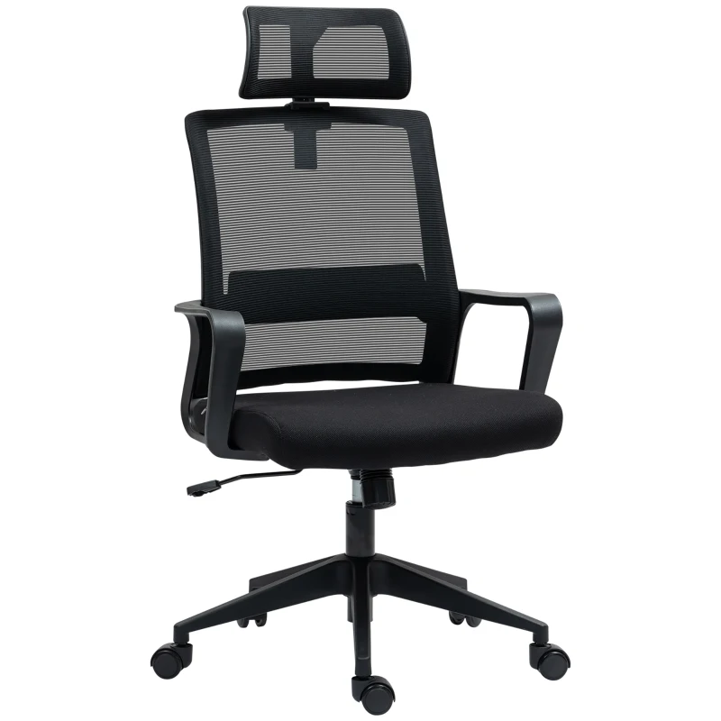 HOMCOM Scaun de Birou Ergonomic cu Tetieră, Înălțime Reglabilă și Funcție de Balansare, 60x64x102-112 cm, Negru