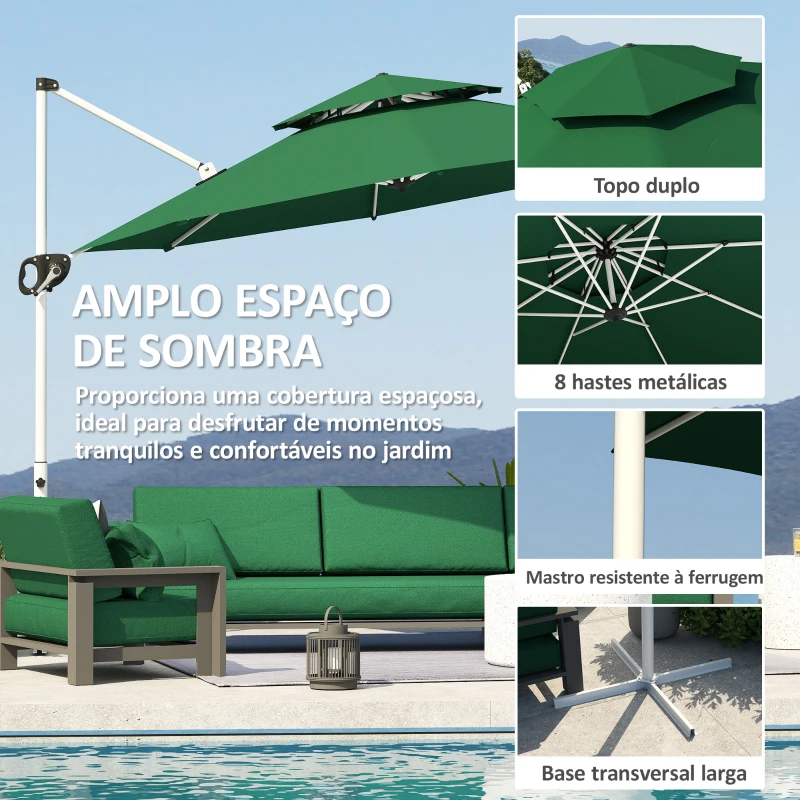 Outsunny Chapéu de Sol Excêntrico  Ø292 cm com Manivela Rotativo 360° Inclinação Ajustável Duplo Teto e Base Cruzada Verde Escuro