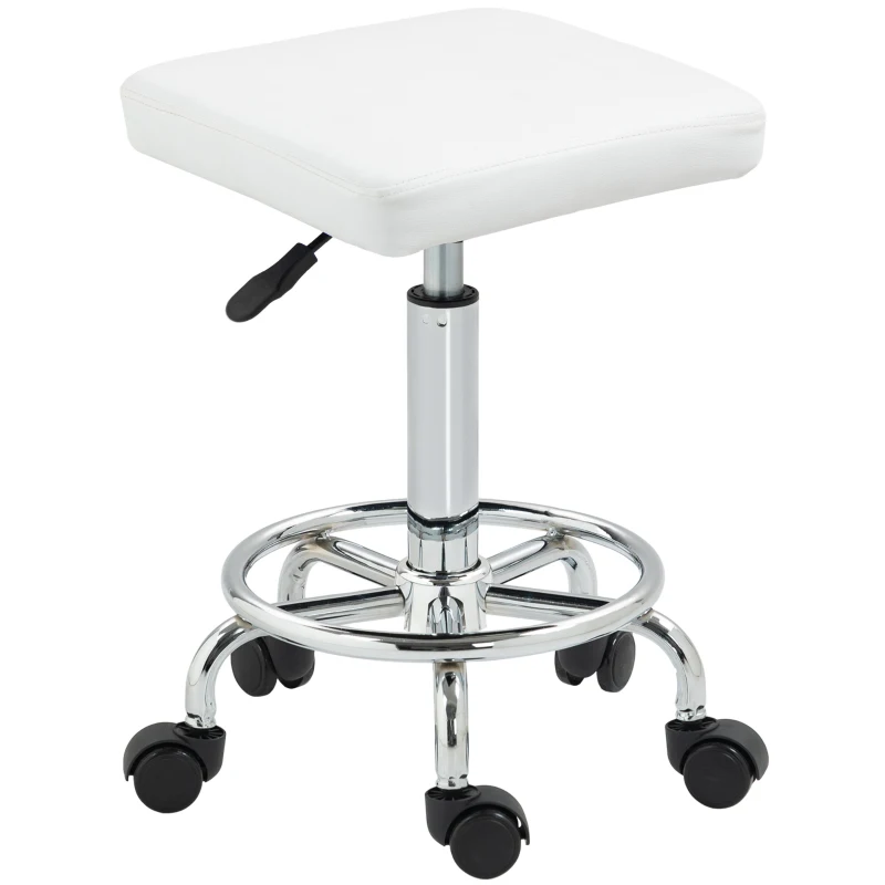 HOMCOM Banco Giratório com Rodas Altura Regulável 50-66 cm Assento Estofado em Imitação de Couro  34x34x50-66 cm Branco