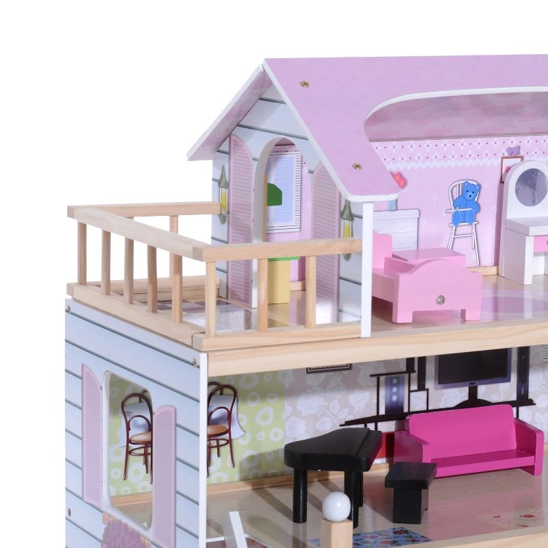 HOMCOM Casa de Bonecas com Móveis e 4 Andares Casa de Bonecas com 13 Acessórios Brinquedo de Imitação 60,5x30x80,5cm Rosa