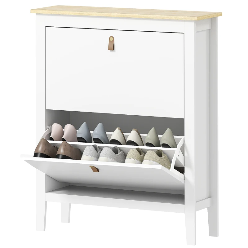 HOMCOM Sapateira Estreita com 2 Gavetas Prateleiras Ajustáveis e Puxadores em PU para 14 Pares de Sapatos 80x24x95,5 cm Branco