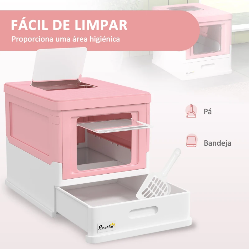 PawHut Caixa de Areia para Gatos Dobrável Caixa de Areia para Gatos Fechada com Bandeja Removível e Pá 47,5x35,5x36,7cm Rosa