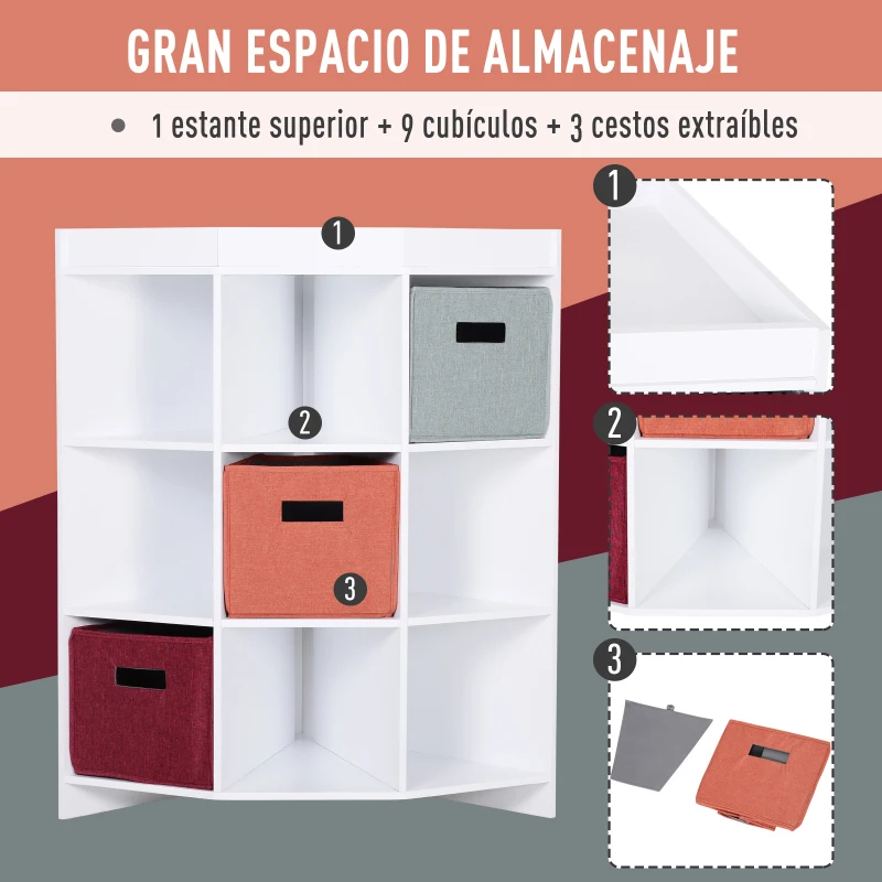 HOMCOM Estantería de Esquina para Juguetes con cestos extraíbles Mueble de Almacenaje para Habitación Infantil 57x57x95cm Blanco