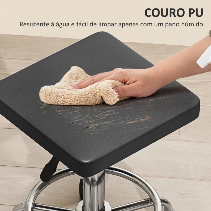 HOMCOM Banco Giratório com Rodas Altura Regulável 50-66 cm Assento Estofado em Imitação de Couro  34x34x50-66 cm Preto