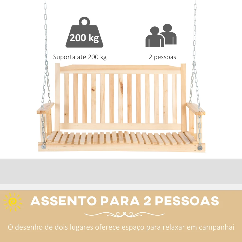 Outsunny Baloiço de Madeira de 2 Lugares com Correntes Ajustáveis e Desenho em Ripas Carga de 200 kg 117x69x60 cm Madeira