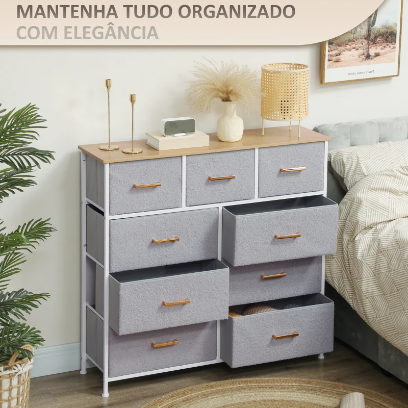 HOMCOM Cómoda com 9 Gavetas Estofada em Borreguito Cómoda de Tela com Estrutura de Aço Cómoda para Dormitório 100x30x99 cm Cinzento