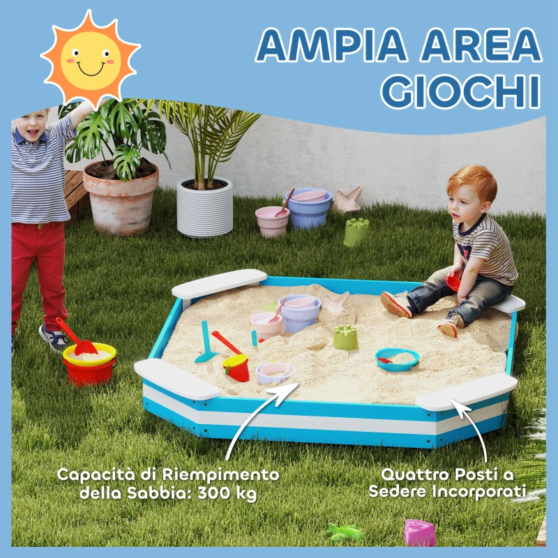 AIYAPLAY Sabbiera per Bambini con 4 Sedute Angolari in Legno, Età 3-6 Anni, 133x133x16 cm, Blu e Bianco