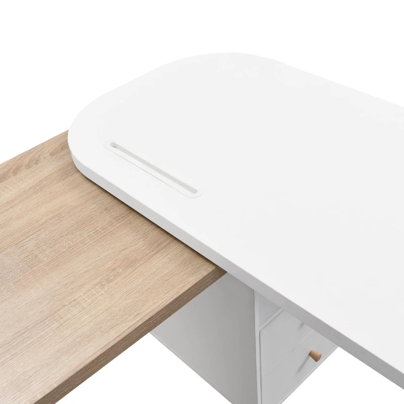 Escritorio de esquina en forma de L, mesa de computadora multifuncional con gabinete de almacenamiento móvil y amplia superficie de trabajo, 135×55×76 cm, Color natural + Blanco.