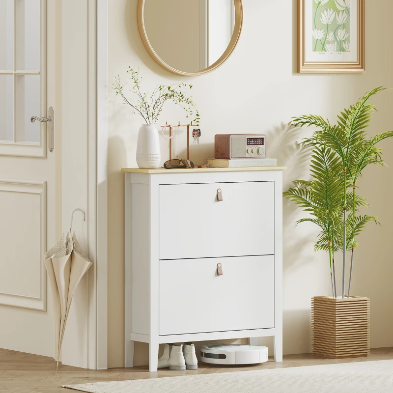 HOMCOM Sapateira Estreita com 2 Gavetas Prateleiras Ajustáveis e Puxadores em PU para 14 Pares de Sapatos 80x24x95,5 cm Branco