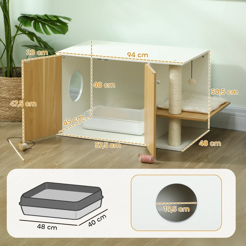 PawHut Móvel Caixa de Areia para Gatos 3 em 1 para Gatos com Poste para Arranhar e Centro de Jogos 94x48x50,5 cm Carvalho e Branco
