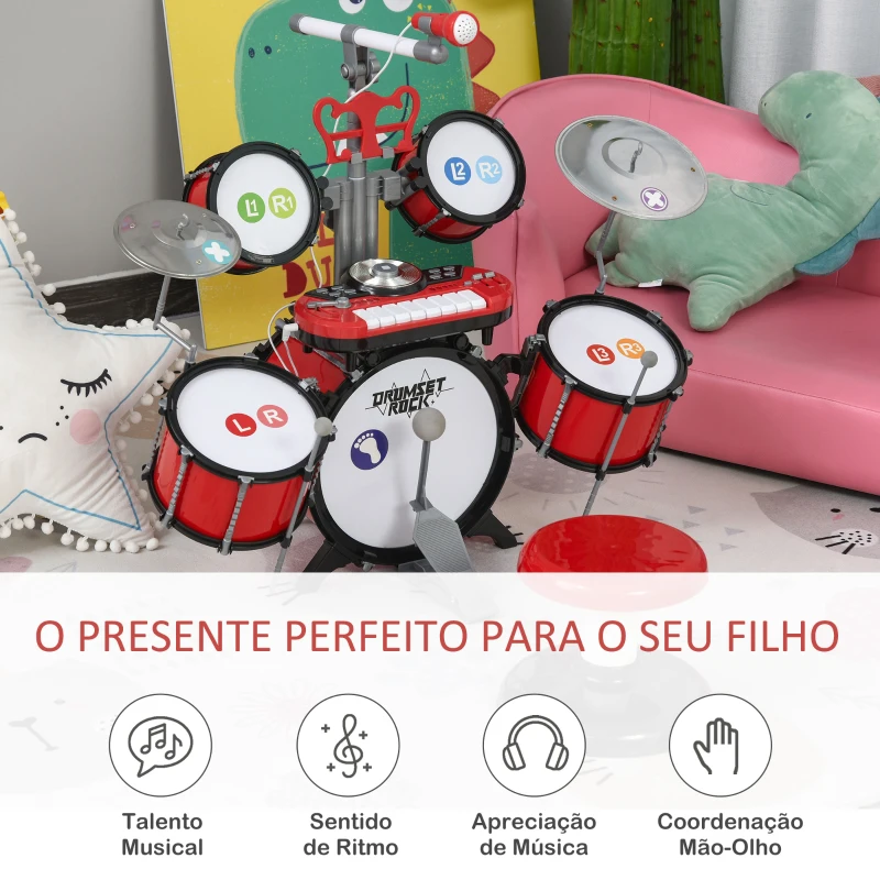HOMCOM Kit de bateria infantil para crianças acima de 3 anos com tamborete microfone Pratos teclado e vários efeitos de DJ 77,5x40x76,5 cm Vermelho
