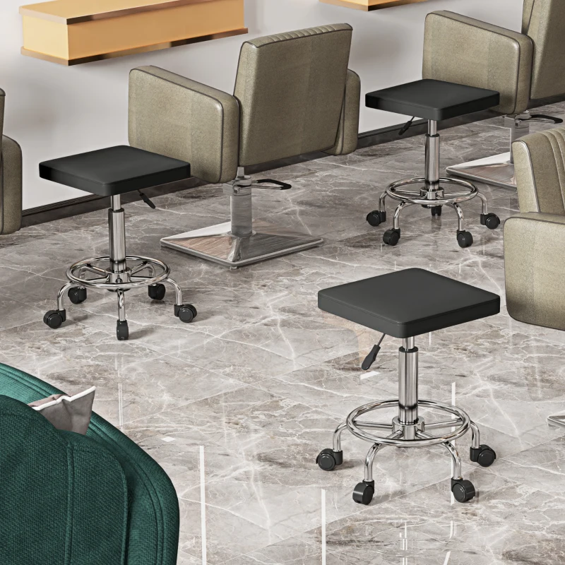 HOMCOM Banco Giratório com Rodas Altura Regulável 50-66 cm Assento Estofado em Imitação de Couro  34x34x50-66 cm Preto