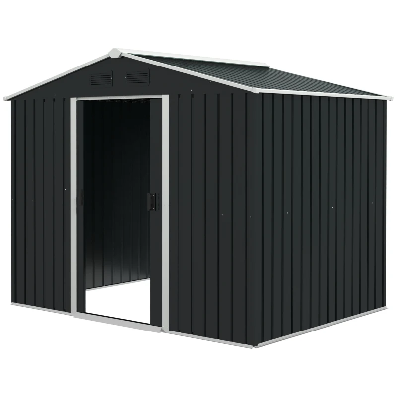 Outsunny 8 x 6ft Outdoor Garden Roofed Metal Storage Shed Tool Box with Ventilation & 2 Sliding Doors,Grey(m-11)