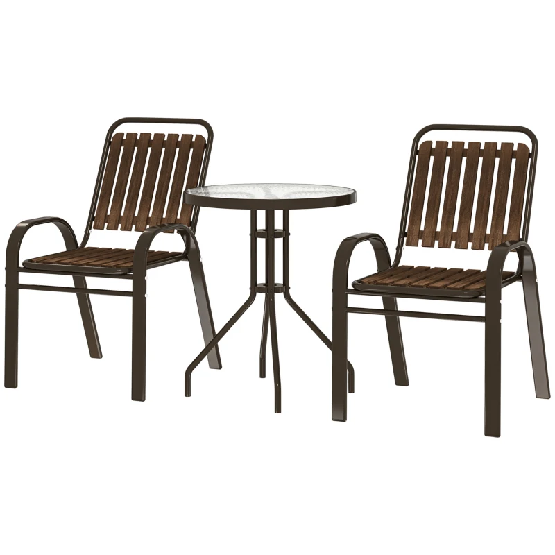 Outsunny Conjunto de Jardim de 3 Peças com 2 Cadeiras Empilháveis Mesa com Bancada de Vidro Temperado Marrom Escuro
