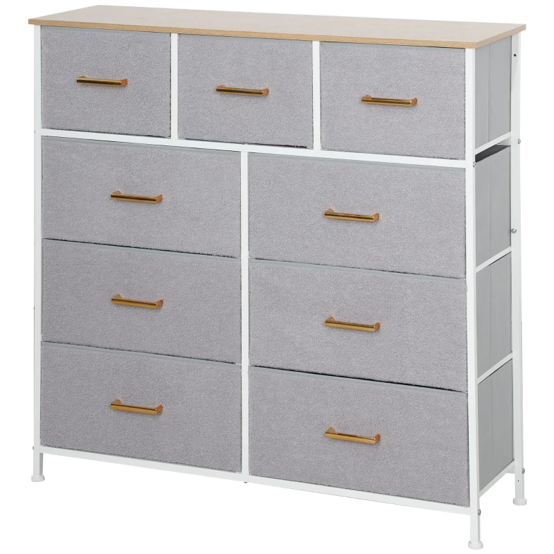 HOMCOM Cómoda com 9 Gavetas Estofada em Borreguito Cómoda de Tela com Estrutura de Aço Cómoda para Dormitório 100x30x99 cm Cinzento
