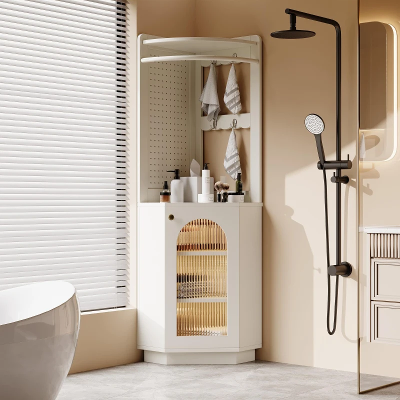 Armoire de salle de bain avec bande lumineuse, armoire d'angle avec espace de rangement, 45×45×166,6 cm, Blanc