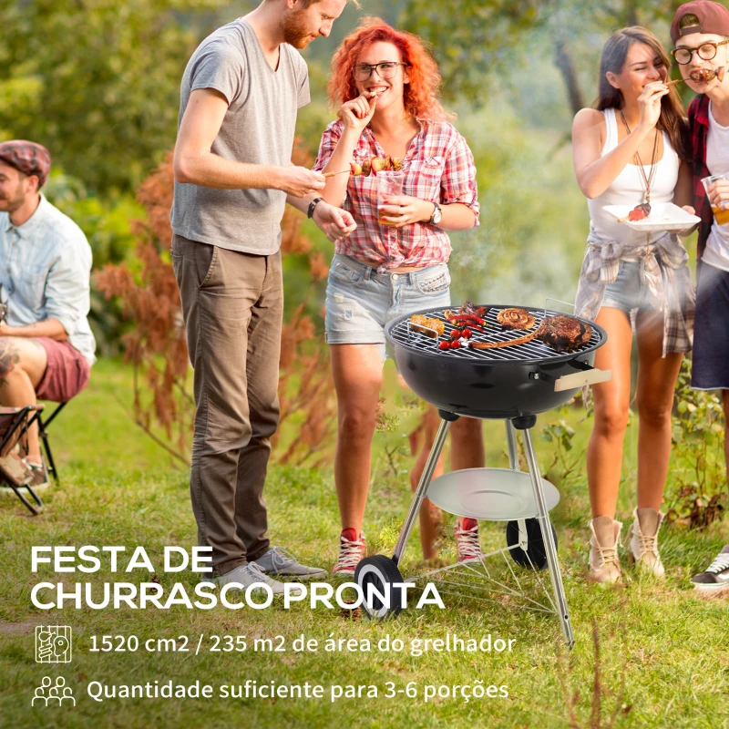 Outsunny Barbecue a Carvão Portátil com Rodas Tampa e Tigela Esmaltadas e Puxadores de Madeira  48x56x85 cm Preto