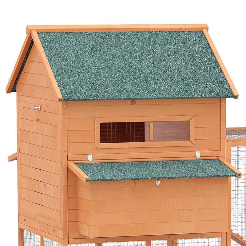 PawHut Galinheiro de madeira ao ar livre Gaiola grande para 8-10 galinhas com compartimento de corredor 2 ninhos telhado de asfalto bandeja removível e rampa 347x160x150 cm laranja