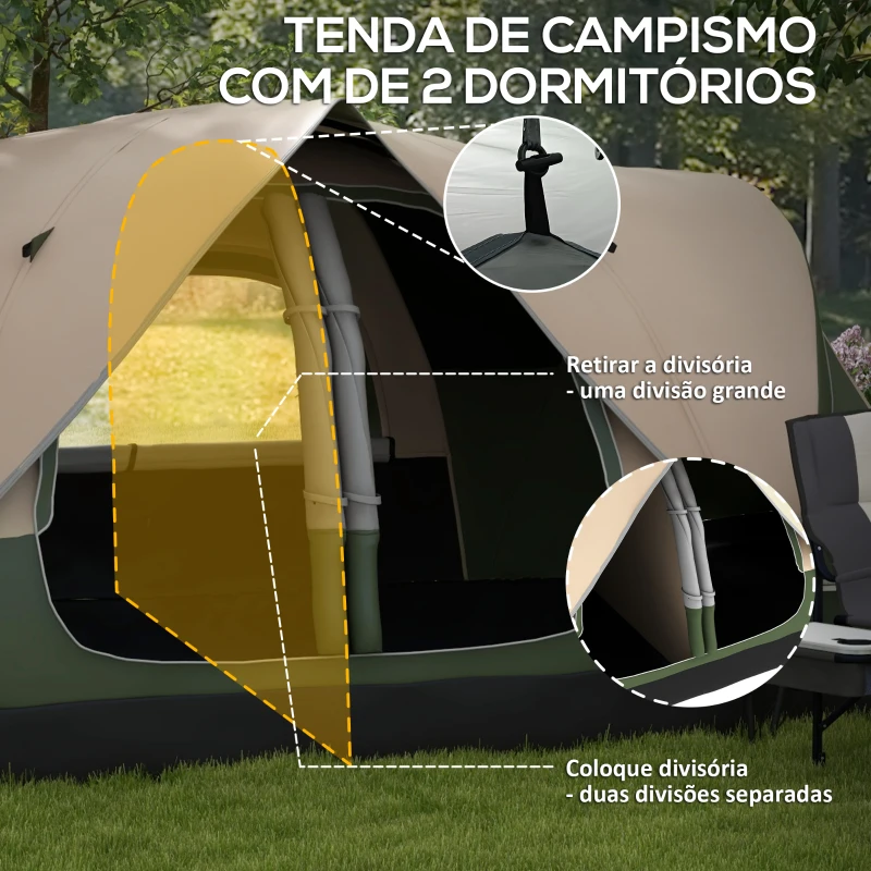 Outsunny Tenda de Campismo Familiar para 4-5 Pessoas Dobrável com 2 Quartos e Bolsa de Transporte  450x215x180 cm Verde e Marrom