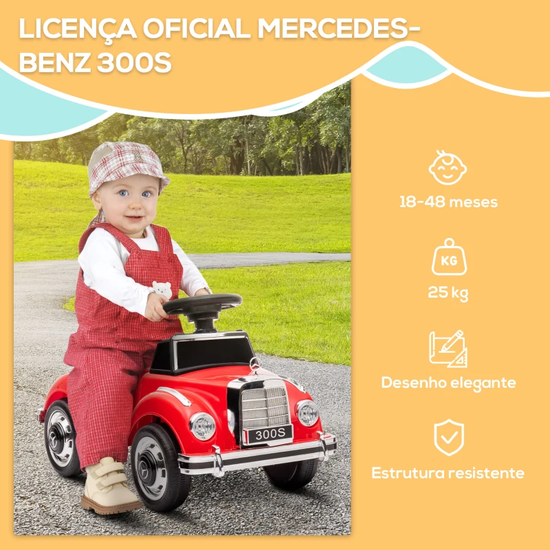 AIYAPLAY Carro Andador com Licença da Mercedes-Benz 300S com Armazenamento Volante Sistema Anti-Tombo  77,5x41,5x45 cm Vermelho