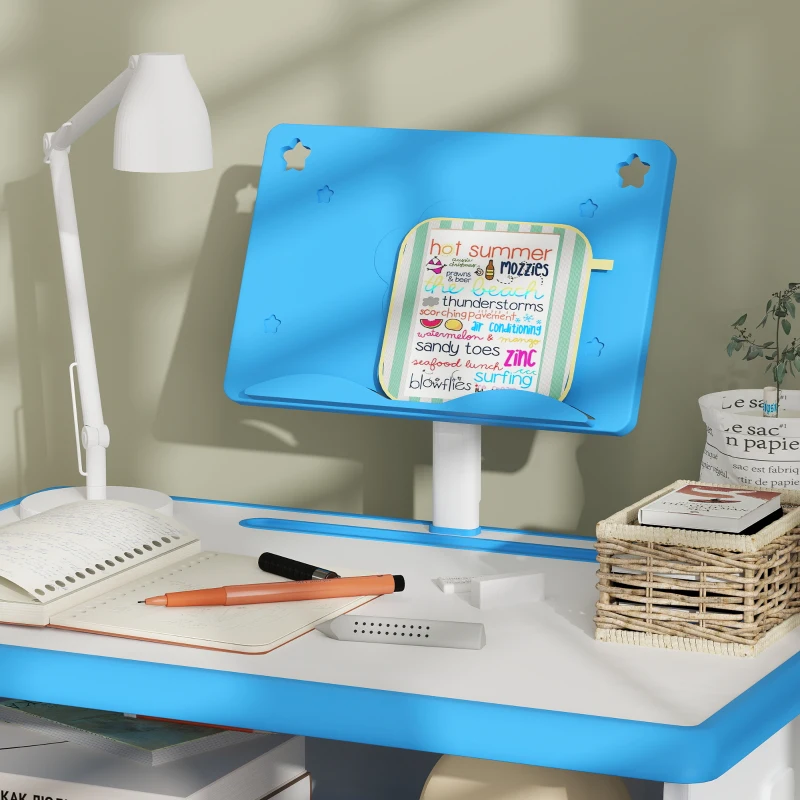 HOMCOM Conjunto de Secretária e Cadeira para Crianças com Altura Ajustável 1 Gaveta e 1 Prateleira para Livros 60x45x90-120 cm Azul