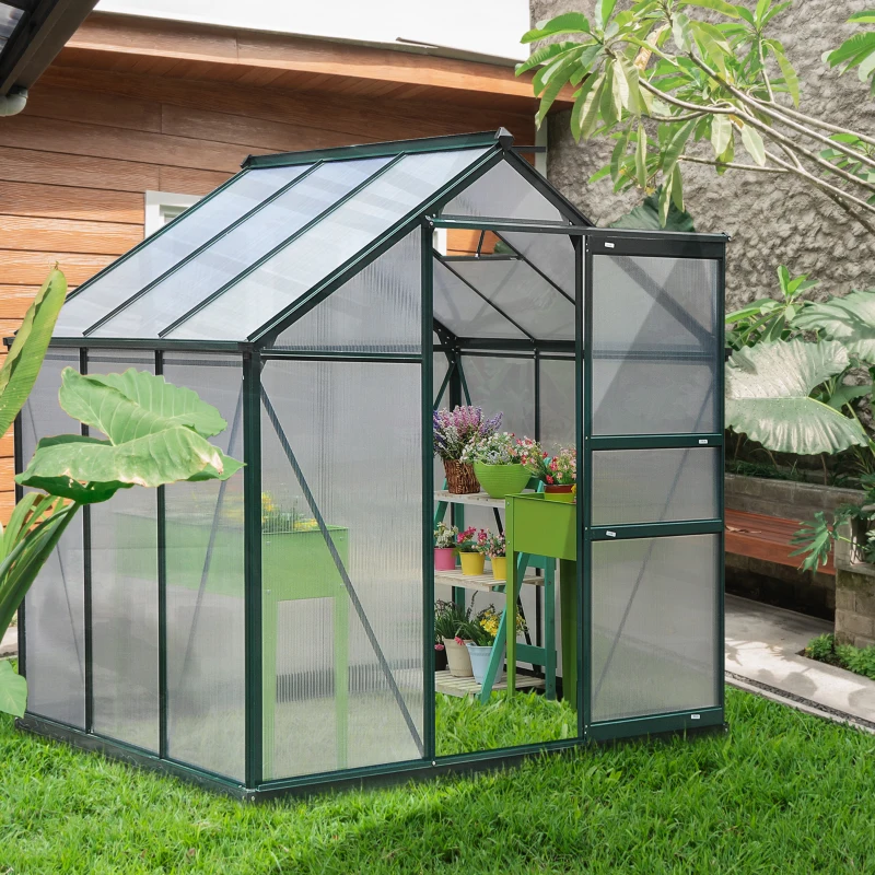 Outsunny Serre de jardin polycarbonate 190 x 192 x 201 cm résistant aux UV 30+ fondation renforcé gouttière vert foncé
