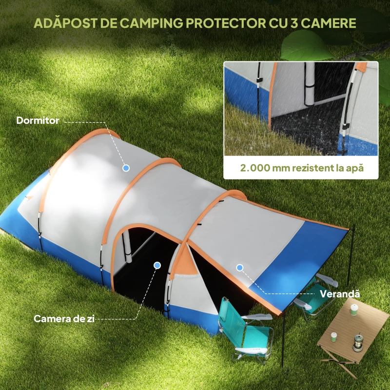 Outsunny Cort de Camping pentru 2-3 Persoane Impermeabil cu 2 Zone și 3 Intrări, 420x200x150 cm, Portocaliu