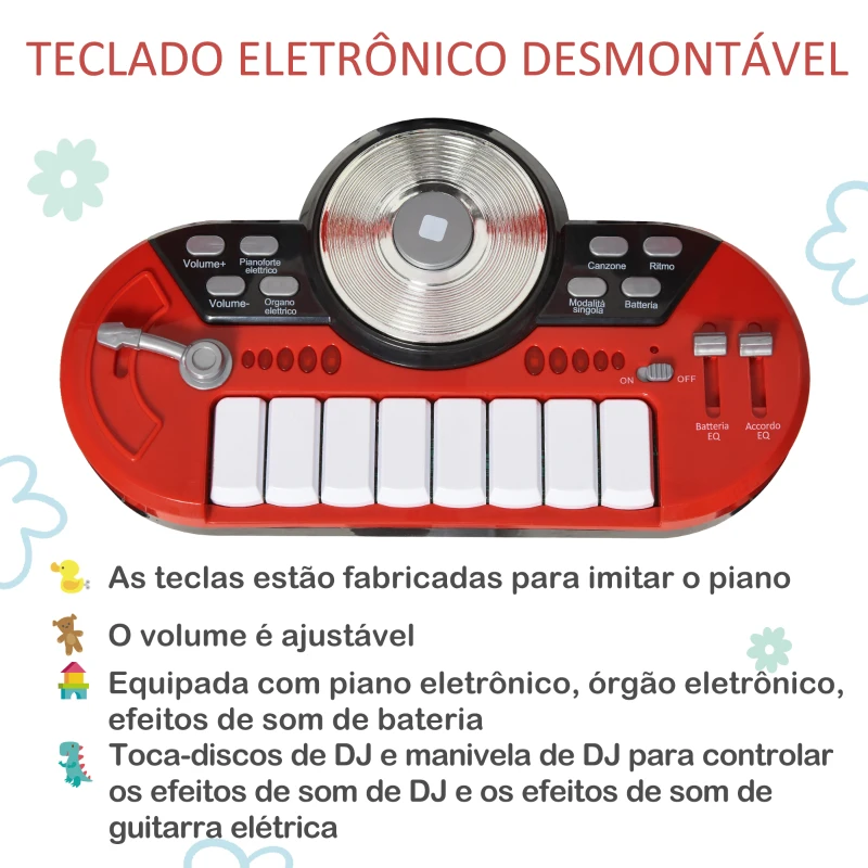 HOMCOM Kit de bateria infantil para crianças acima de 3 anos com tamborete microfone Pratos teclado e vários efeitos de DJ 77,5x40x76,5 cm Vermelho