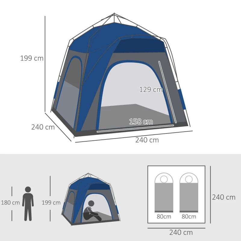 Outsunny Pop Up Kuppelzelt für 4 Personen leicht, stabil wasserdicht UV 50+ mit Haken Tür Fenster, Bodenplane(m-3)