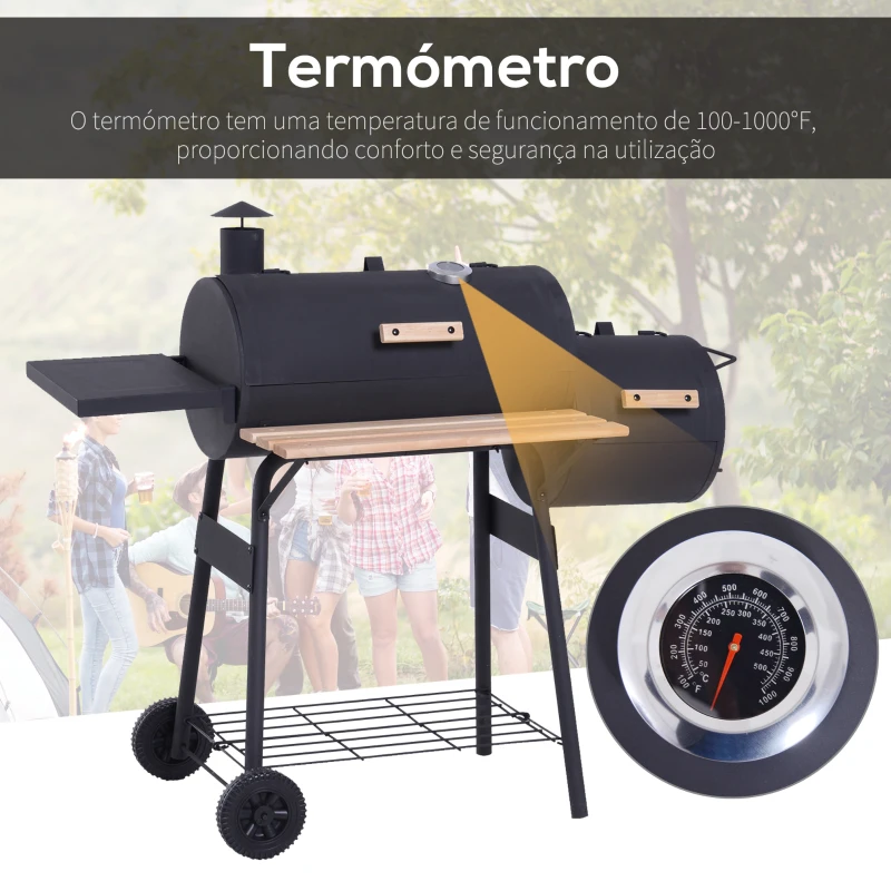 Outsunny Barbecue a Carvão 2 em 1 Defumador e Grelha Barbecue com Termómetro Rodas e Prateleiras 124x53x104cm Preto