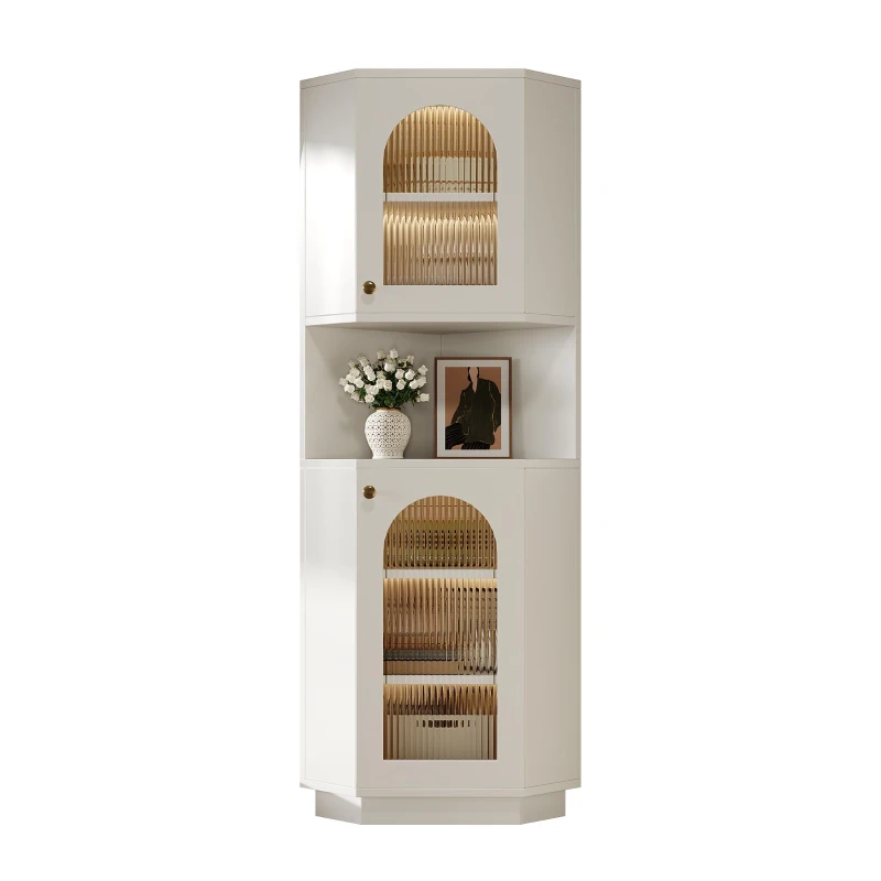 Armadio da bagno con barra luminosa, armadio angolare con due ripiani portaoggetti, 45x45x166.5 cm, Bianco