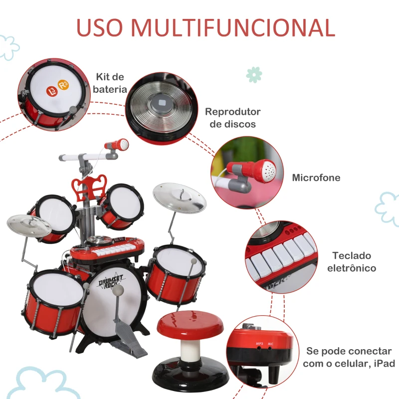 HOMCOM Kit de bateria infantil para crianças acima de 3 anos com tamborete microfone Pratos teclado e vários efeitos de DJ 77,5x40x76,5 cm Vermelho
