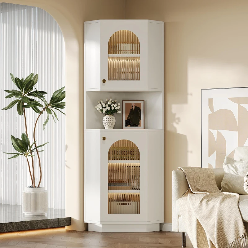 Armadio da bagno con barra luminosa, armadio angolare con due ripiani portaoggetti, 45x45x166.5 cm, Bianco