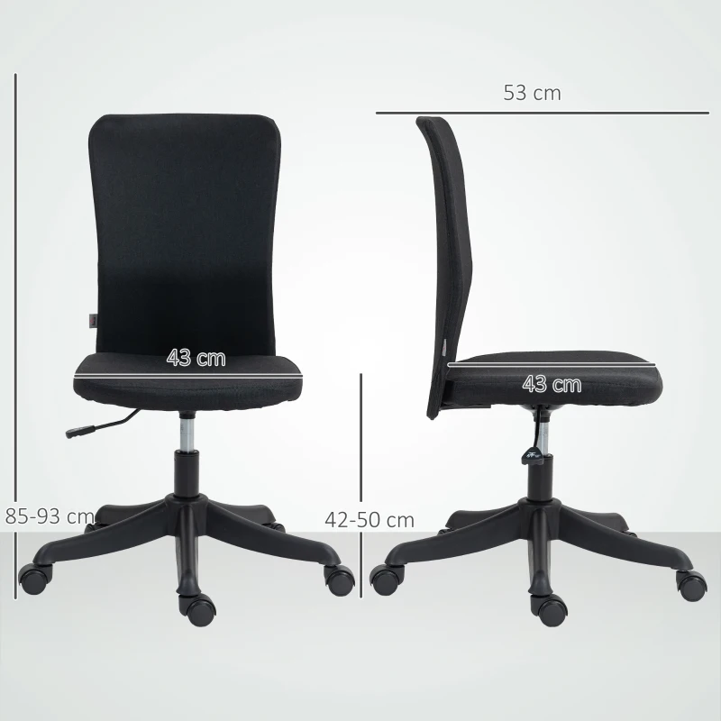 HOMCOM Cadeira de Escritório sem Apoio para os Braços Estofada em Linho Sintético com Altura Ajustável 53x43x85-93 cm Preto