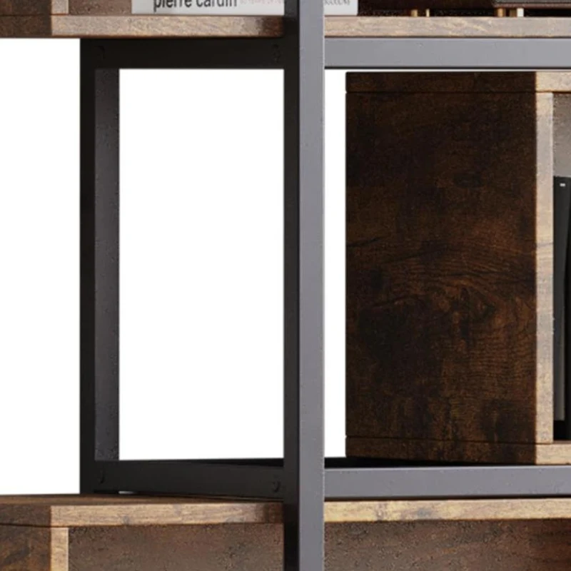 Bücherregal mit 5 Etagen, Holzmaserung und schwarzem Metallrohr, 121×35×176 cm, Schwarz+Braun