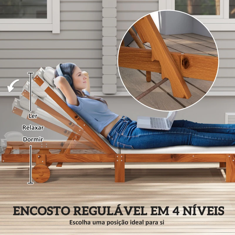 Outsunny Espreguiçadeira Reclinável de Madeira com Rodas com Encosto Ajustável em 4 Níveis 200x84x101 cm Branco e Madeira