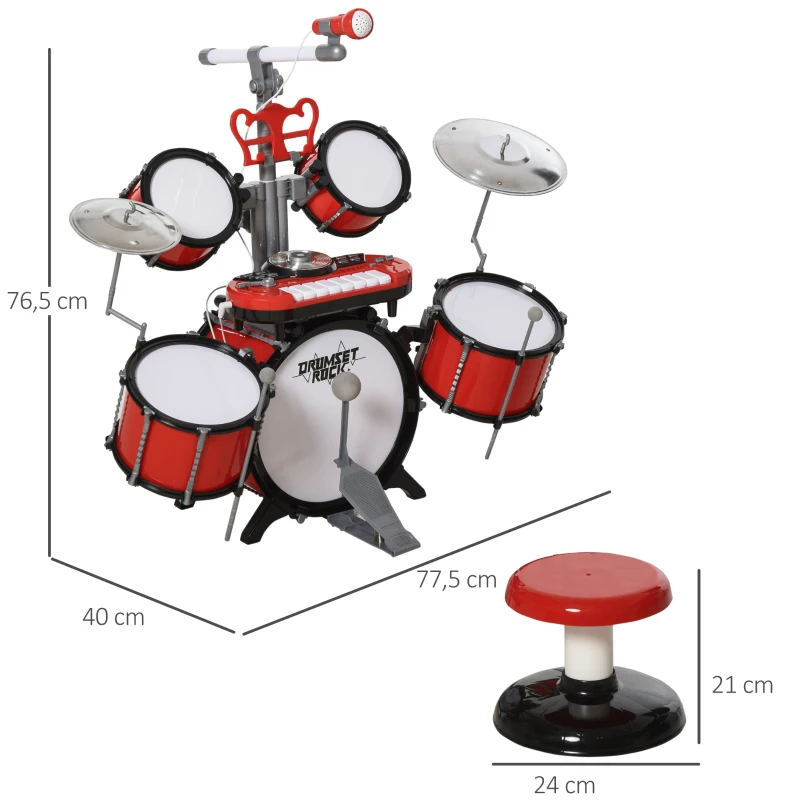 HOMCOM Kit de bateria infantil para crianças acima de 3 anos com tamborete microfone Pratos teclado e vários efeitos de DJ 77,5x40x76,5 cm Vermelho