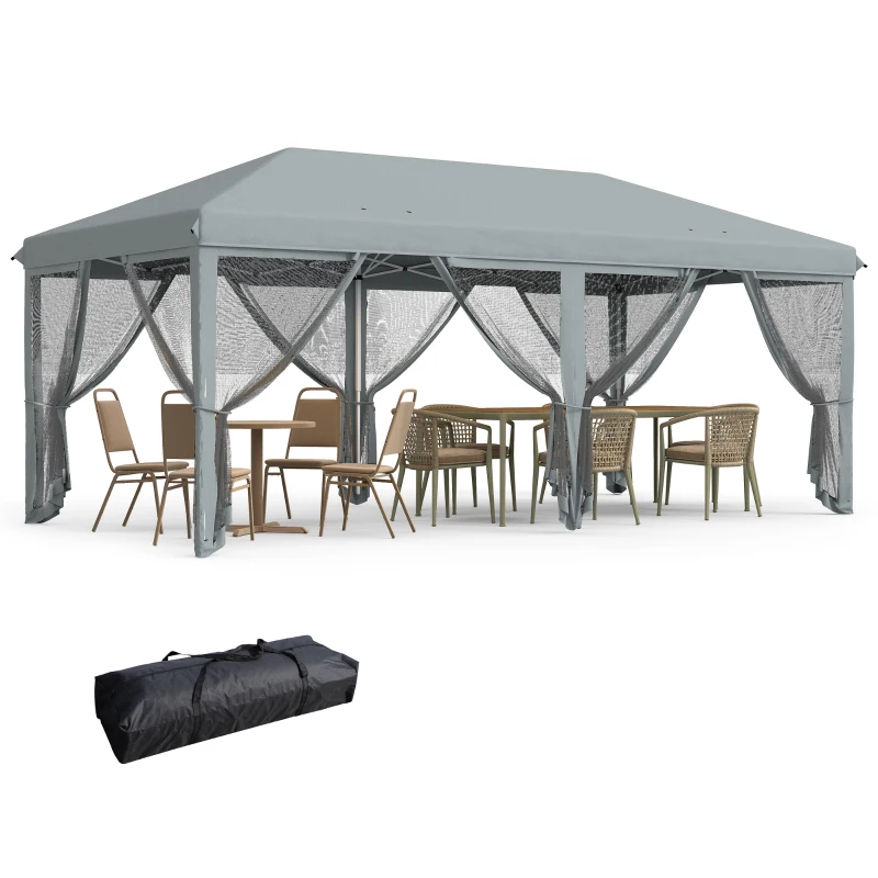 Outsunny Tenda Dobrável 585x295x270 cm Tenda de Jardim com 6 Mosquiteiros Bolsa de Transporte e Estrutura de Aço Cinza
