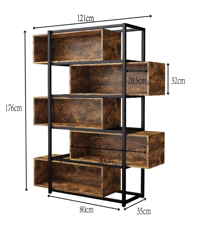 Bücherregal mit 5 Etagen, Holzmaserung und schwarzem Metallrohr, 121×35×176 cm, Schwarz+Braun