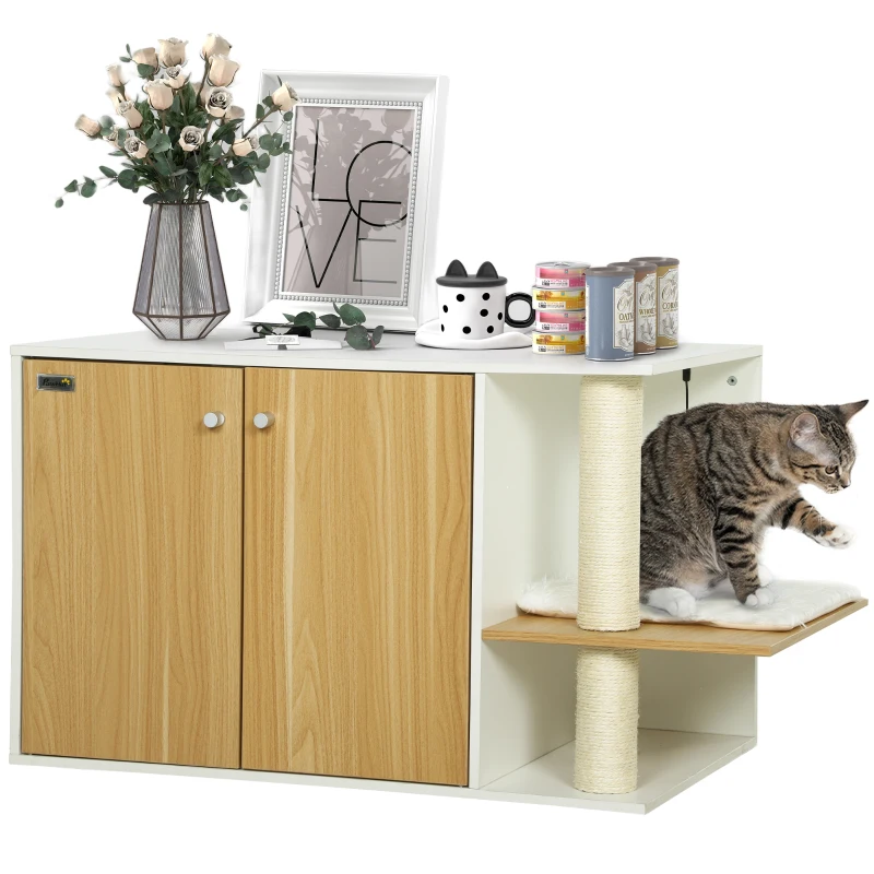 PawHut Móvel Caixa de Areia para Gatos 3 em 1 para Gatos com Poste para Arranhar e Centro de Jogos 94x48x50,5 cm Carvalho e Branco