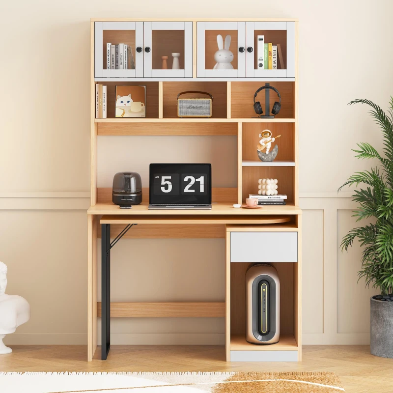 Escritorio de computadora con estante y armario, escritorio giratorio, 110×55×180 cm, Color natural＋Blanco