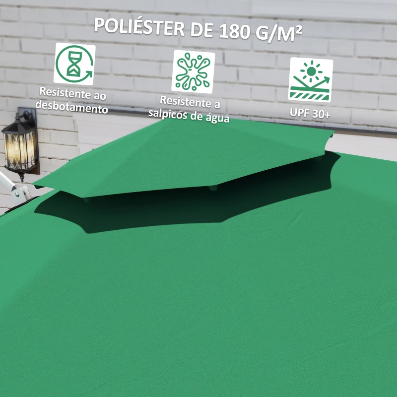 Outsunny Chapéu de Sol Excêntrico  Ø292 cm com Manivela Rotativo 360° Inclinação Ajustável Duplo Teto e Base Cruzada Verde Escuro