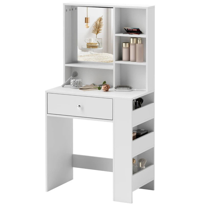 HOMCOM Kaptafel met Spiegel, Lade, 3-traps Zijopslag, Spaanplaat, Wit(m-10)