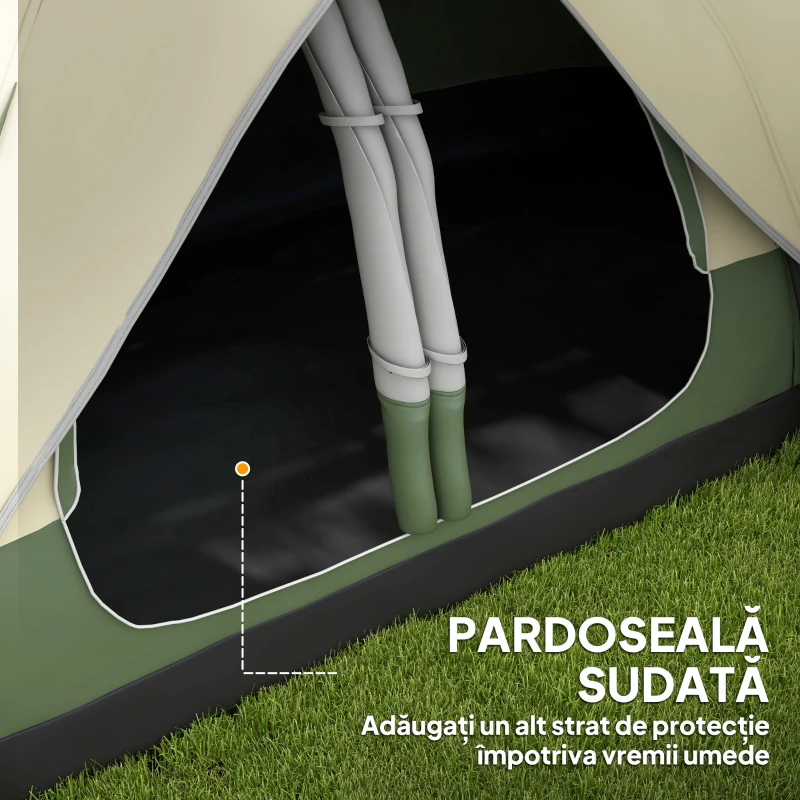 Outsunny Cort de Camping pentru 6-8 Persoane cu 2 Camere Separate și Uși cu Fermoar, 450x215x180 cm, Verde