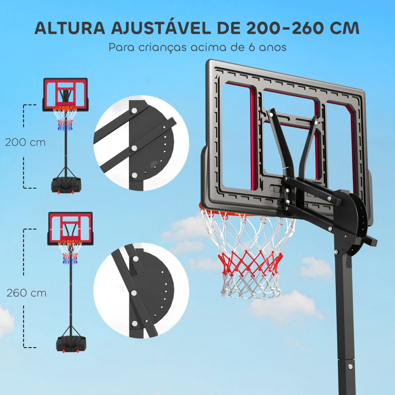 AIYAPLAY Tabela de Basquetebol para Crianças com Altura Ajustável de 200 a 260 cm com Saco de Pesos Vermelho e Preto
