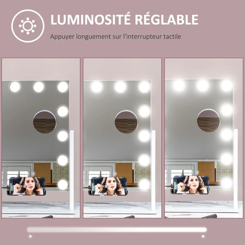 HOMCOM Miroir Hollywood avec LED 12 ampoules, luminosité réglable, rotation à 360°, grossissement 10X, touche tactile, blanc
