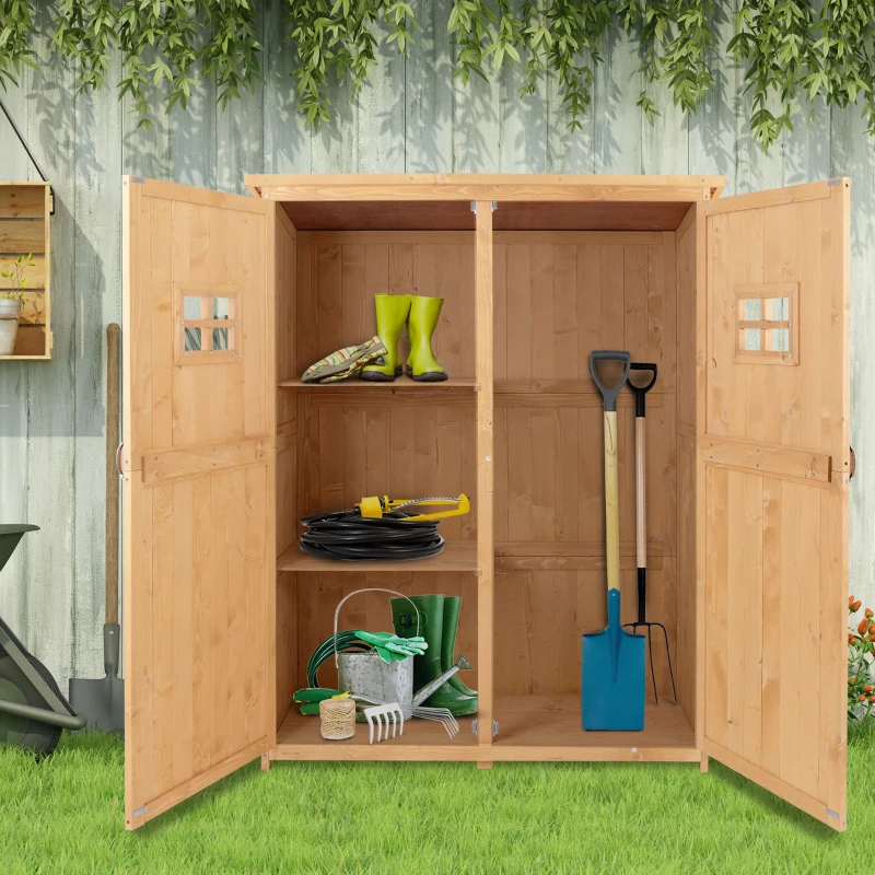 Outsunny Abri de Jardin en bois Armoire de Jardin dim. 127,5L x 50l x 164H cm 2 étagères 2 Portes 2 fenêtres Toit bitumé étanche Bois Massif Sapin pré-huilé bois naturel