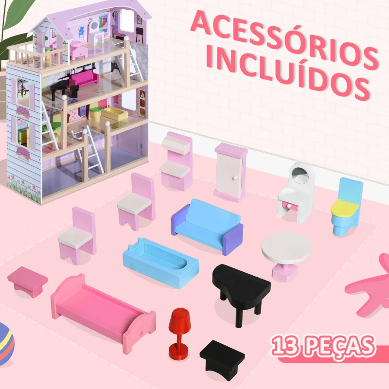 HOMCOM Casa de Bonecas com Móveis e 4 Andares Casa de Bonecas com 13 Acessórios Brinquedo de Imitação 60,5x30x80,5cm Rosa
